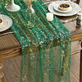 Sm:)e Dark Greenish Gold Silk Screen Stamping Gauze Table Runner 120 Inch 10FT, Glitter Metallic Foil Sheer Chiffon Table Decor for Wedding Anniversary Birthday Outdoor Home Party Table