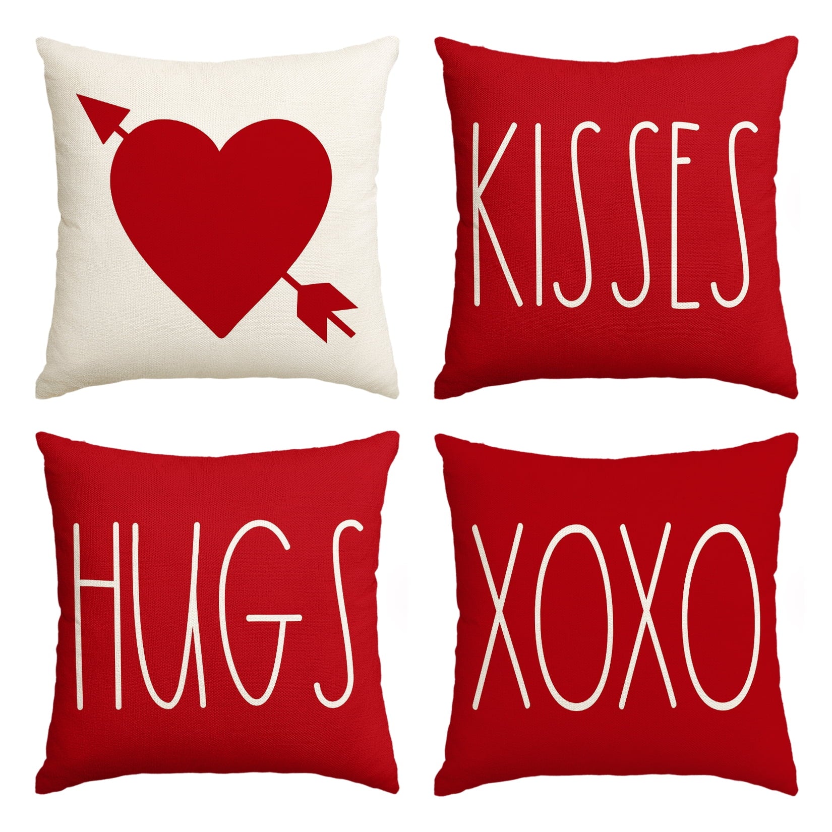 Sm:)e Love Heart Kisses Hugs XOXO Valentine's Day Throw Pillow Cover Set of 4 16 x 16 Inch, Decorative Farmhouse Outdoor Pillow Case, Red