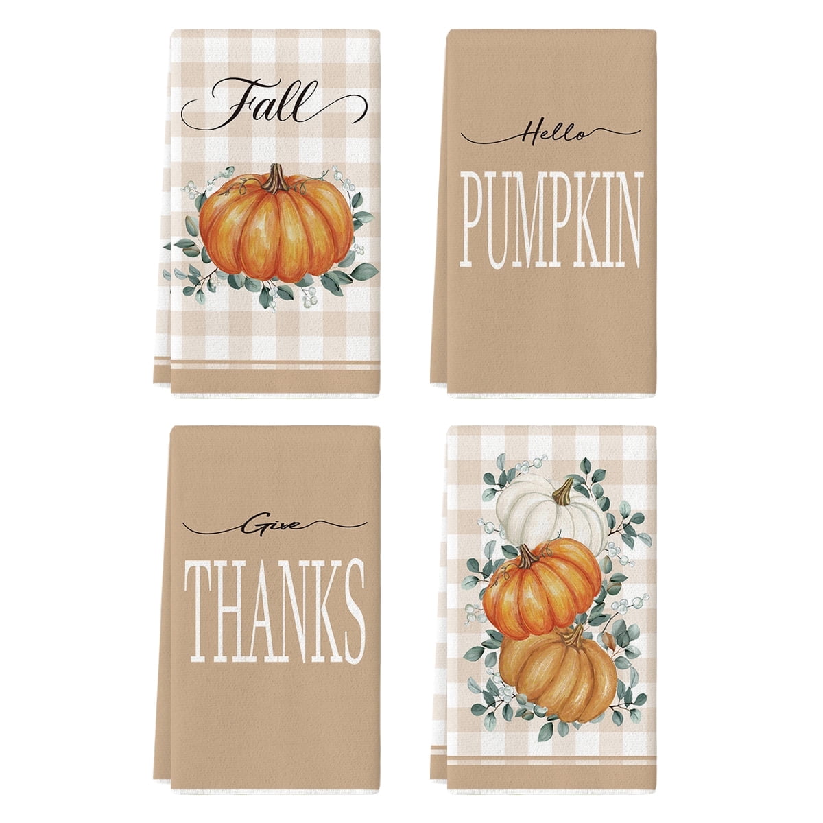 Sm:)e Buffalo Plaid Orange Pumpkin Give Thanks Eucalyptus Fall Thanksgiving Kitchen Dish Towels 18x26 Inch Set of 4