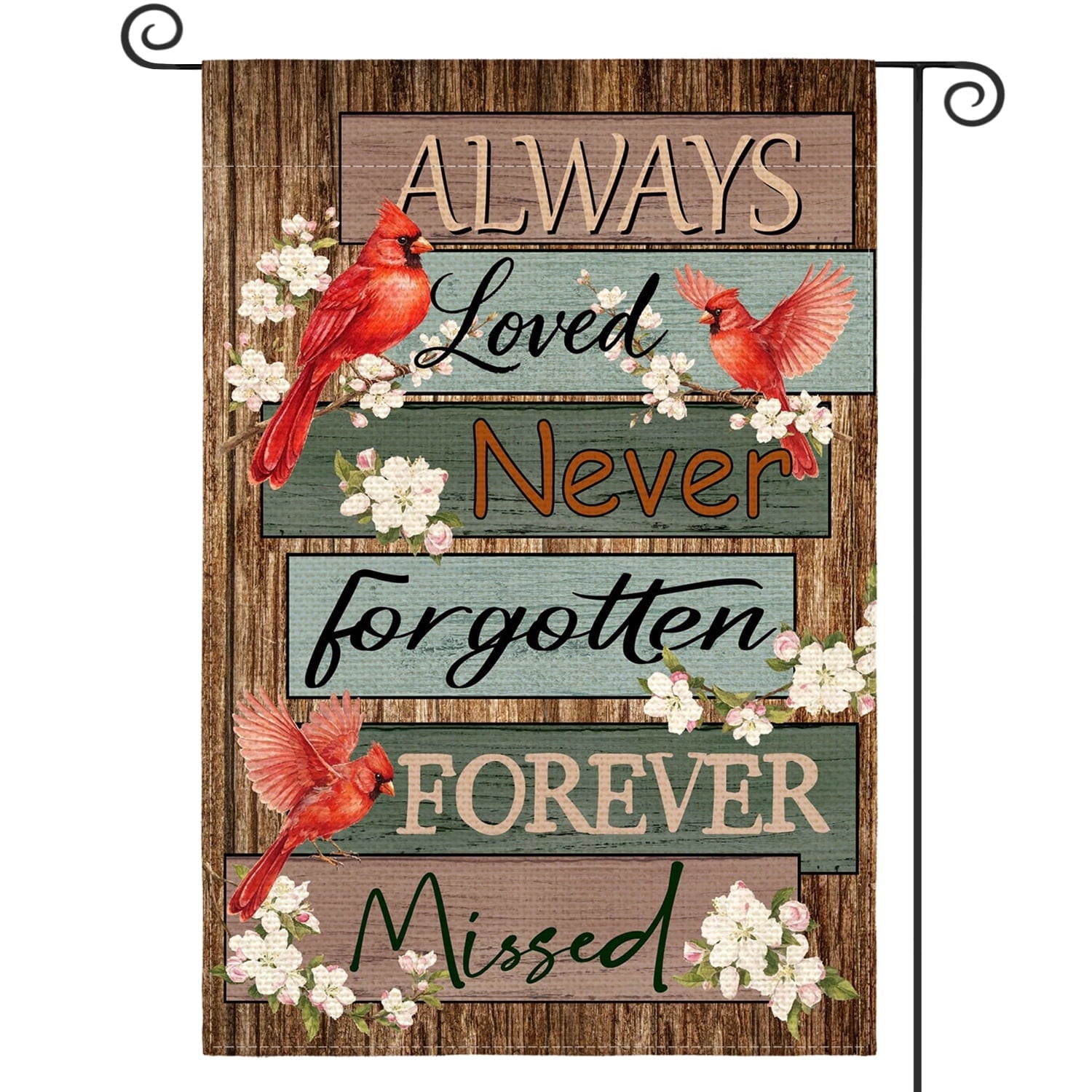 Sm:)e Northern Cardinal Always Loved Forever Wooden Garden Flag 12 x 18 Inch, Double-Sided Printing, Outdoor Welcome Decor for Yards