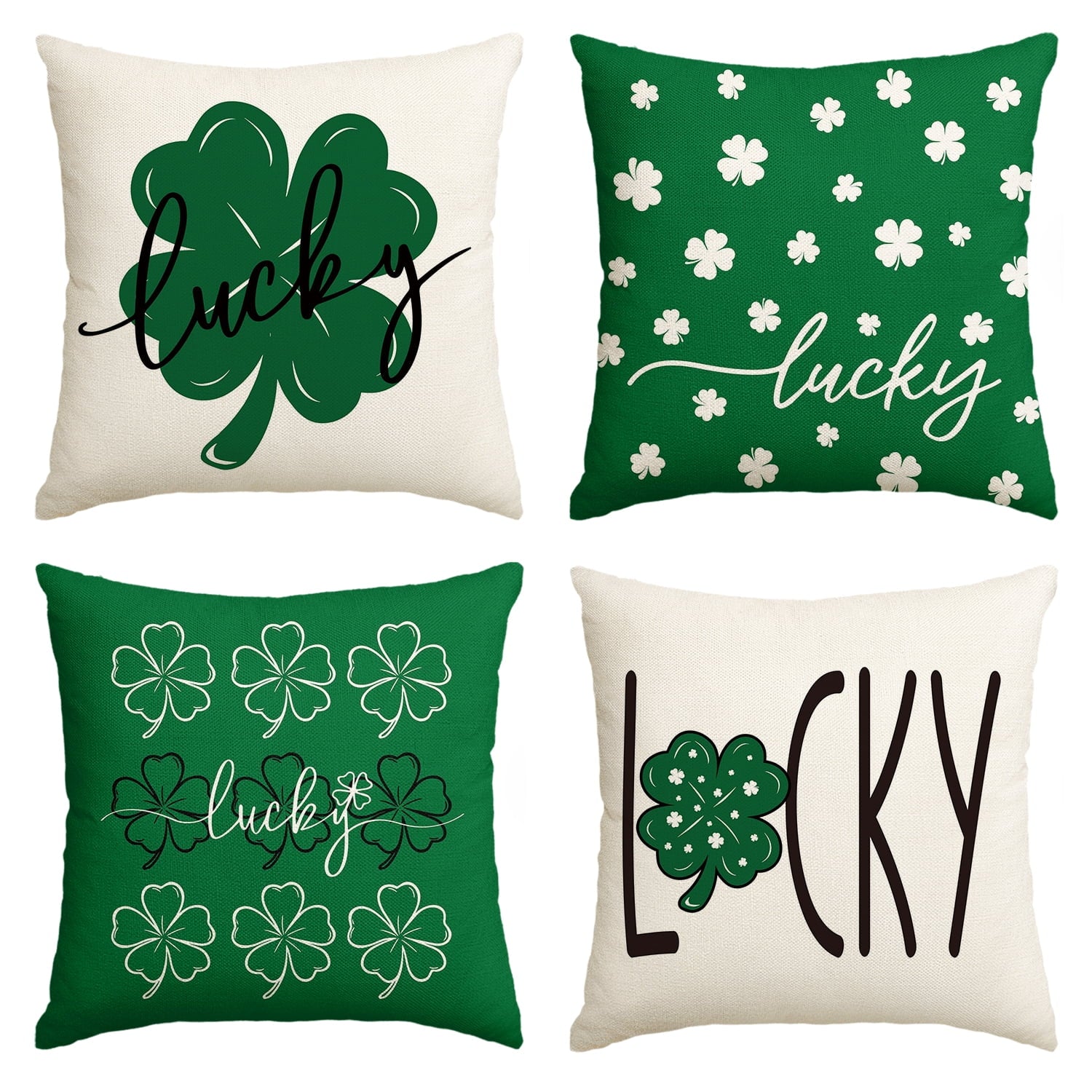Sm:)e St. Patrick's Day Lucky Clover Throw Pillow Covers 4 Set 20 x 20 Inch Green Luck Decoration for Sofa Couch
