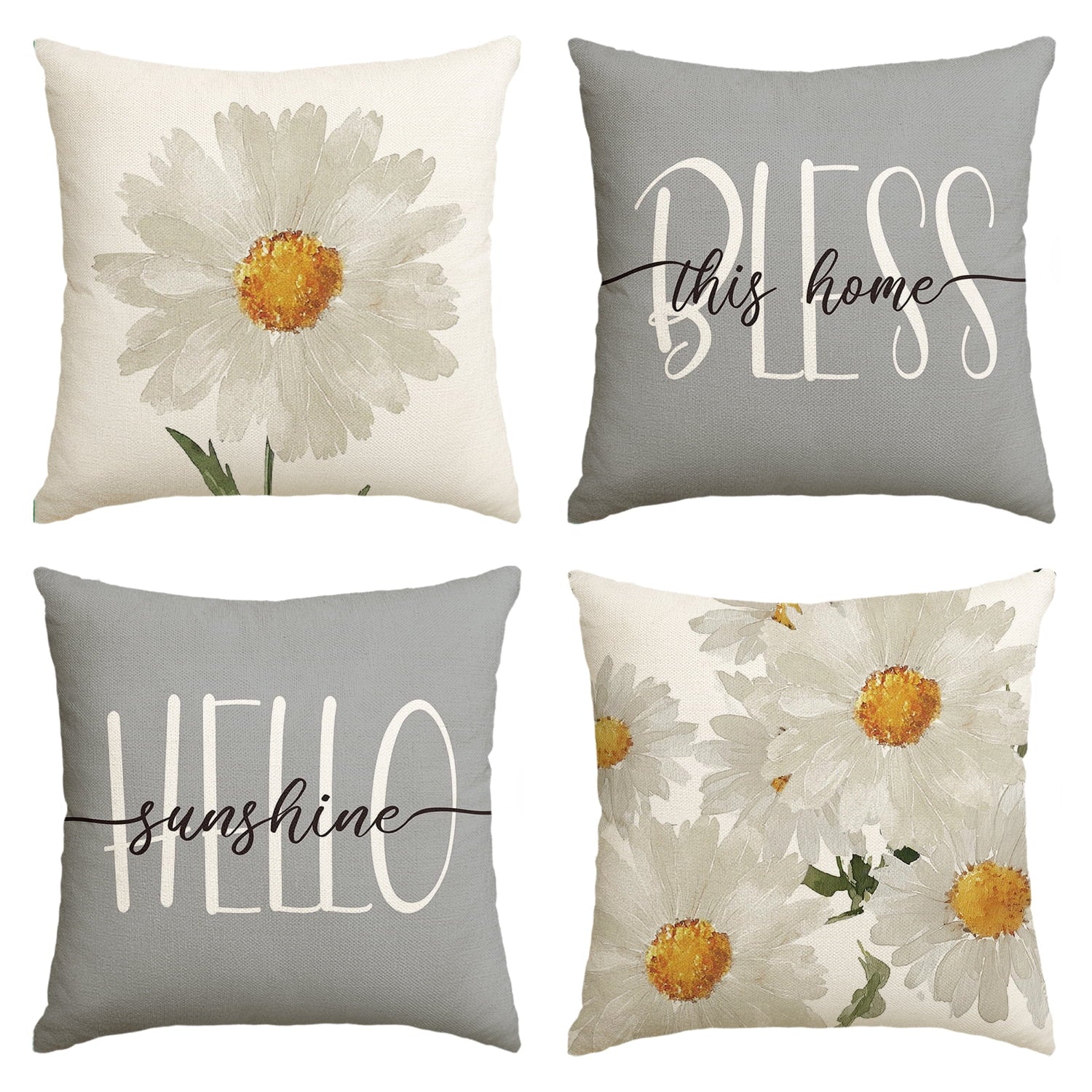 Sm:)e Bless Home Hello Sunshine Floral Spring Throw Pillow Covers Set of 4,18x18 Inch,Grey