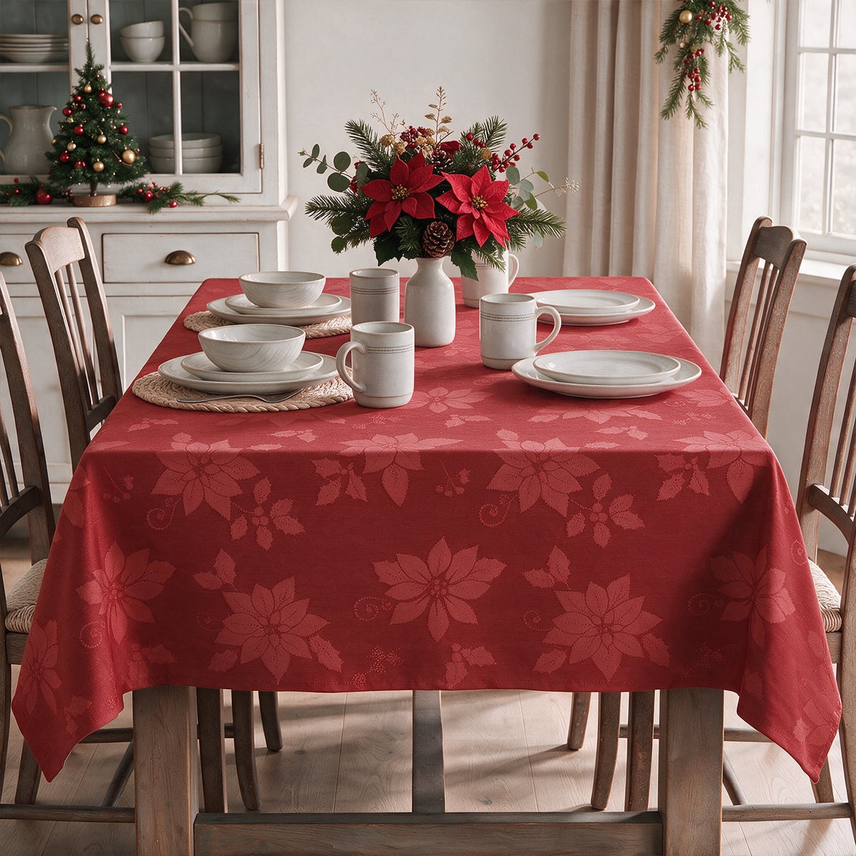 Sm:)e Yarn-Dyed Woven Monochrome Jacquard Poinsettia Christmas Tablecloth 60x104 Inch,Red