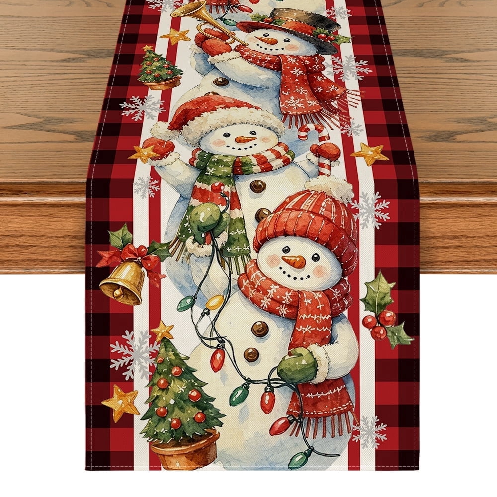 Sm:)e Vintage Colors Red Plaid Snowman Winter Christmas Table Runner, 13 x 72 Inch Farmhouse Table Decor, Universal for Indoor Outdoor Kitchen, Home & Party Decoration