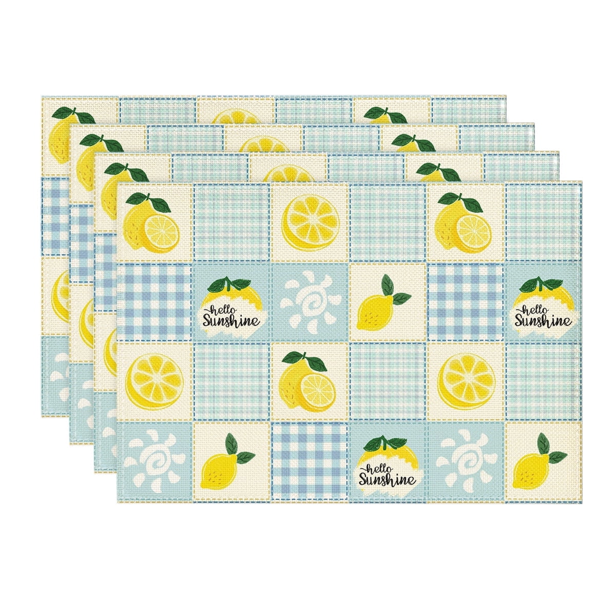 Sm:)e Patchwork Buffalo Plaid Lemon Summer Placemats Set of 4, 12 x 18 Inch,Seasonal Summer Lemon Kitchen Dining Table Decoration for Home Party Decor