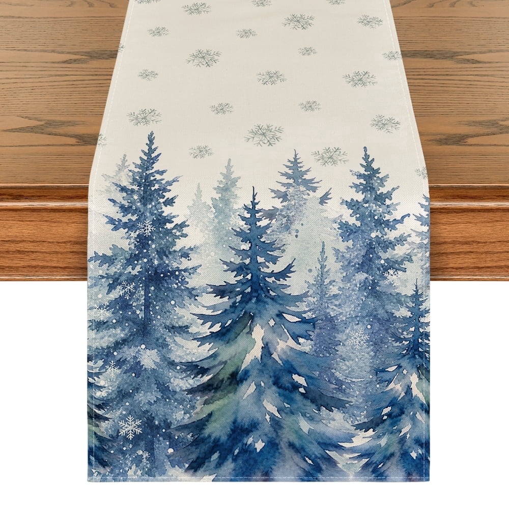 Sm:)e Blue Pine Forest Christmas Table Runner, 13 x 72 Inches Farmhouse Table Decor, Universal for Indoor Outdoor Kitchen, Home & Party Decoration