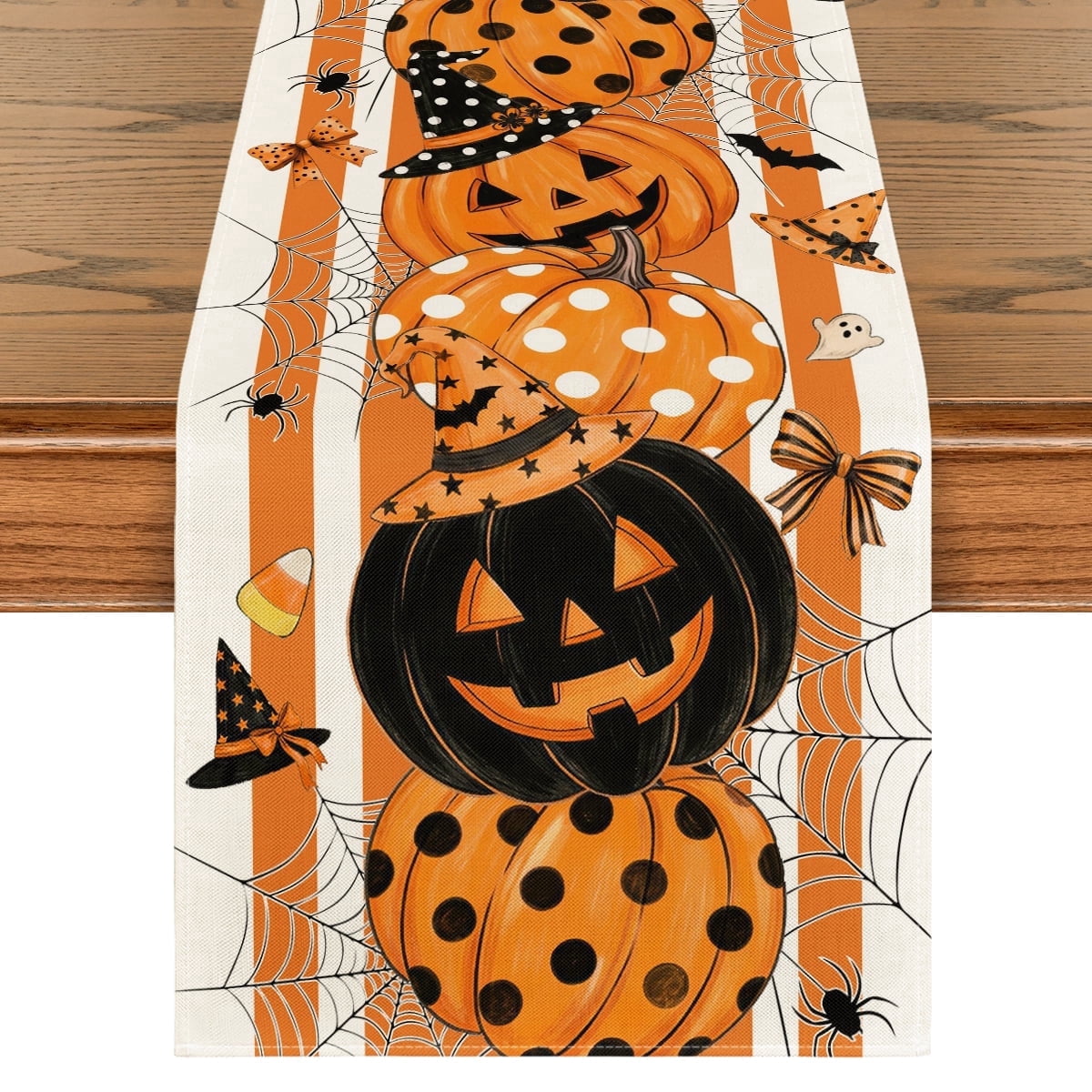 Sm:)e Polka Dot Orange Pumpkin Witch Hat Spider Web Ghost Bat Halloween Table Runner 13x72 Inch