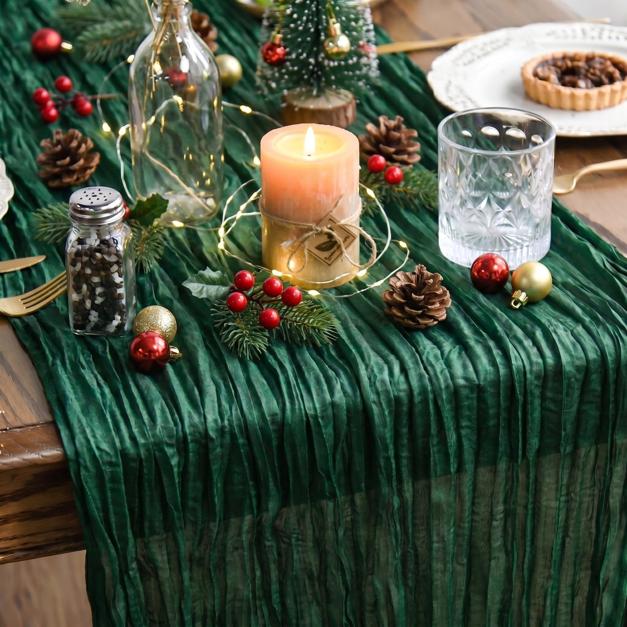 Sm:)e Boho Emerald Green Gauze Cheesecloth Table Runner 35x120 Inch, Multi-Purpose Decor for Kitchen Dining Wedding Holiday Party