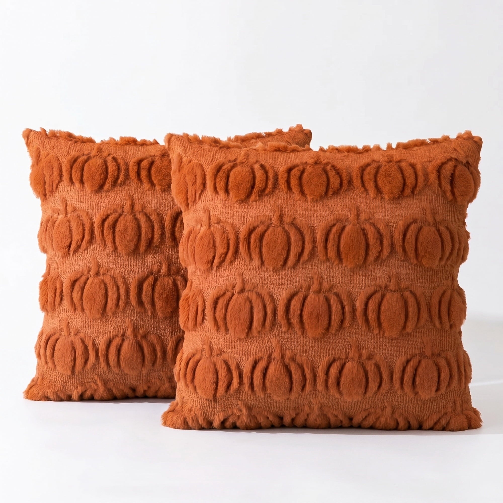 Sm:)e Pumpkin Plush Faux Fur Jacquard Fall Throw Pillow Cover 20x20 Inch, Set of 2, Silky Soft Seasonal Cushion Case for Sofa Couch Caramel