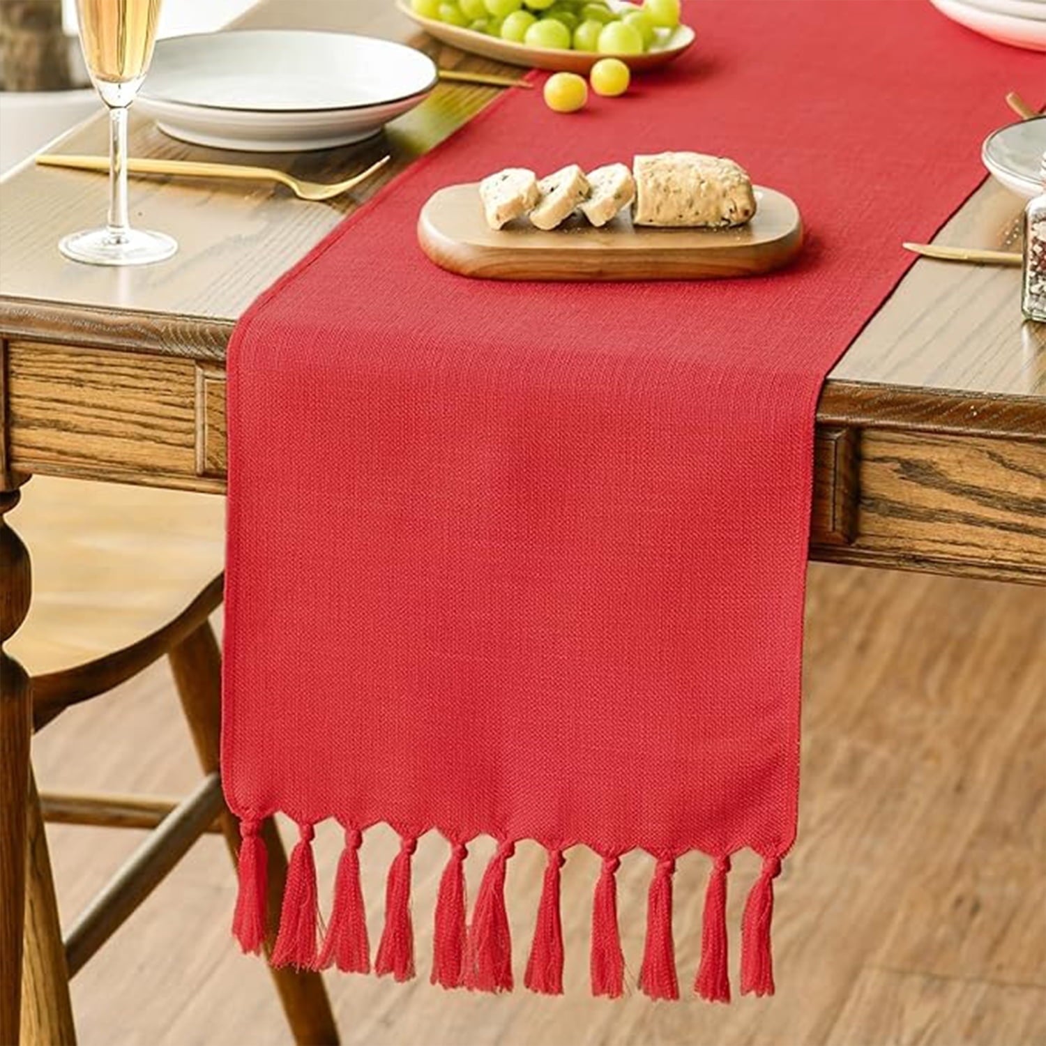 Sm:)e Red Tassel Table Runner, 13x72 Inch, Boho Linen Blend Rustic Farmhouse Style, Holiday Wedding Party Kitchen Table Decor