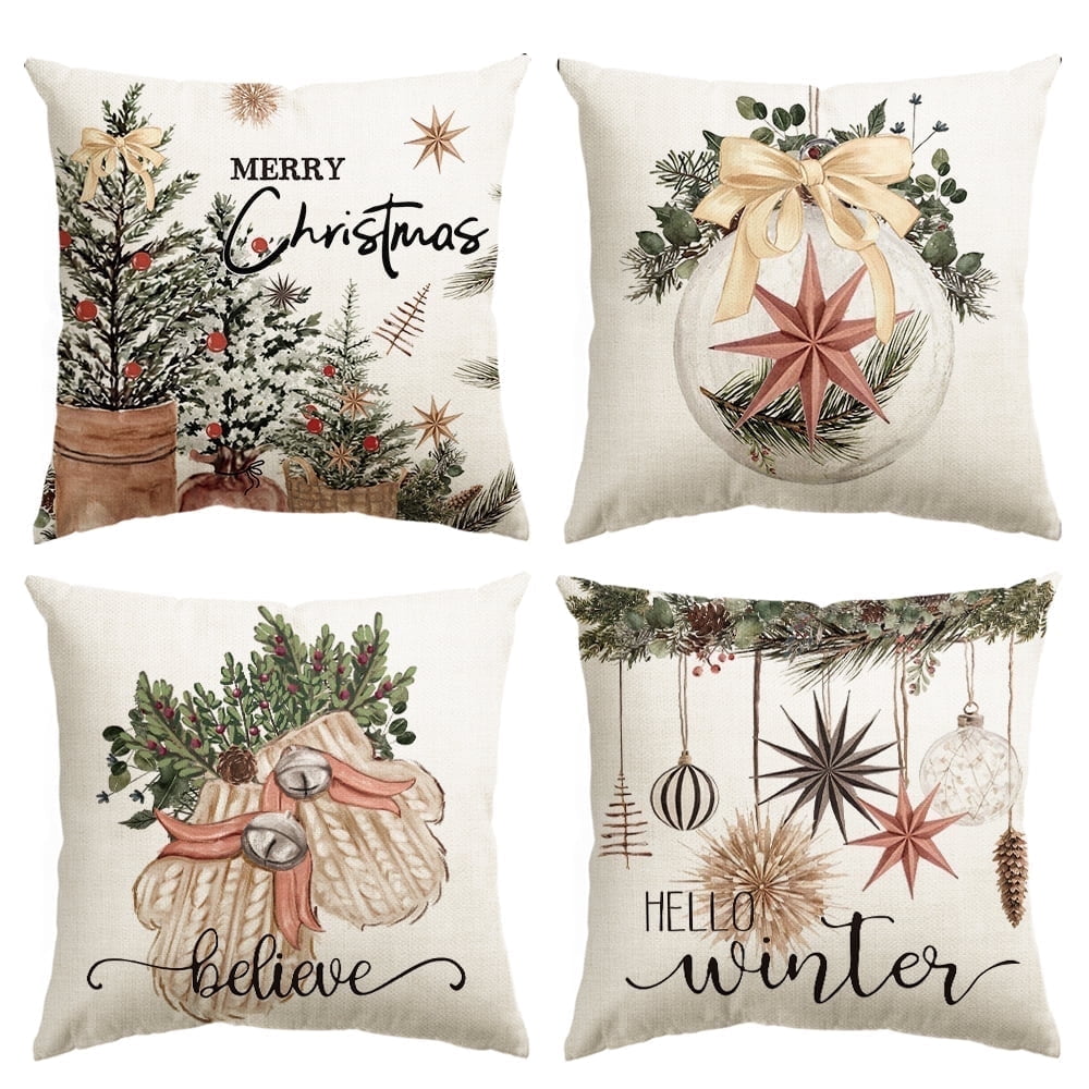Sm:)e Believe Hello Winter Merry Christmas Pillow Covers Set of 4, 18x18 Inch