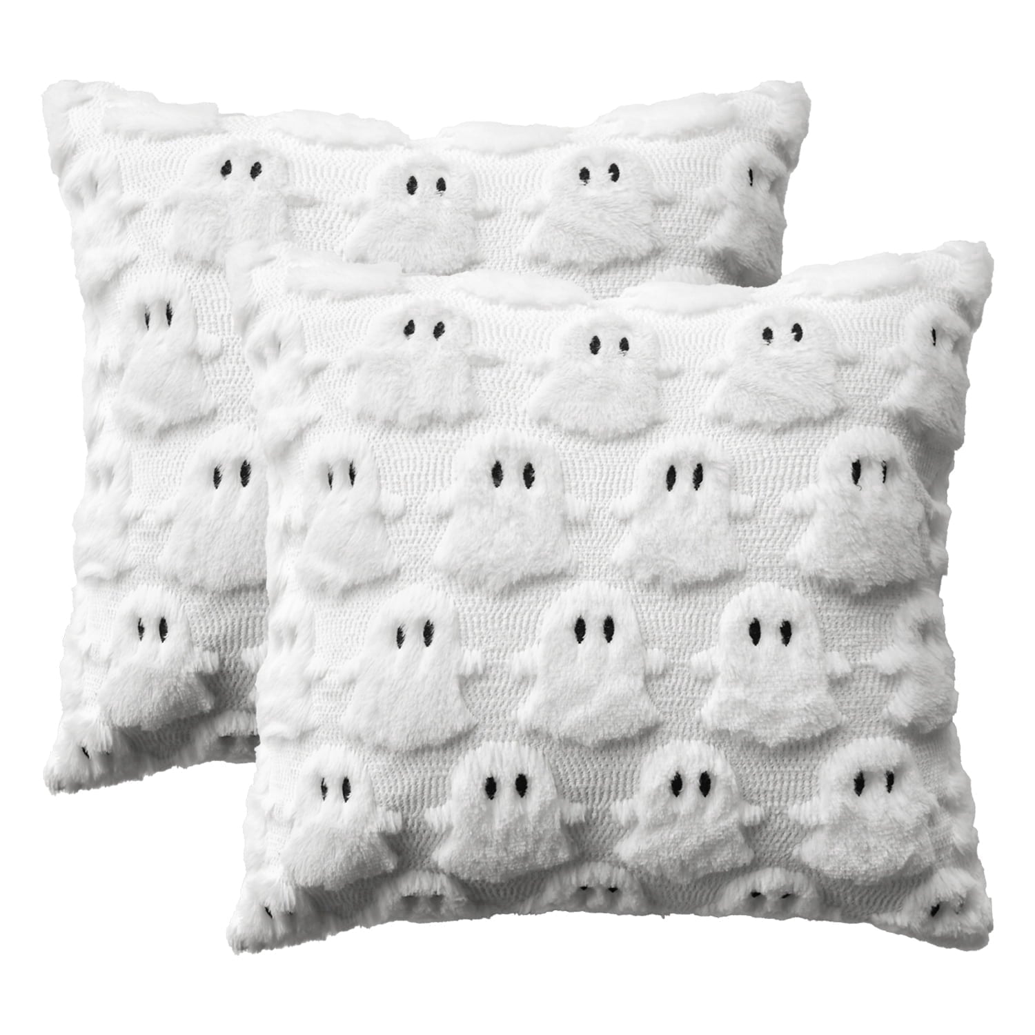 Sm:)e Halloween Goost Plush Faux Fur Jacquard Throw Pillow Cover 18x18 Inch White, Set of 2 Silky Soft Seasonal Cushion Case for Sofa Couch