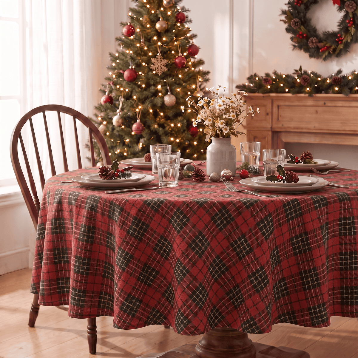 Sm:)e Red Black Royal Stewart Tartan Plaid Tablecloth, Round 55 Inch, Wrinkle-Resistant & Machine Washable Classic Check Table Cover for Dinner/Party Decoration/Holiday