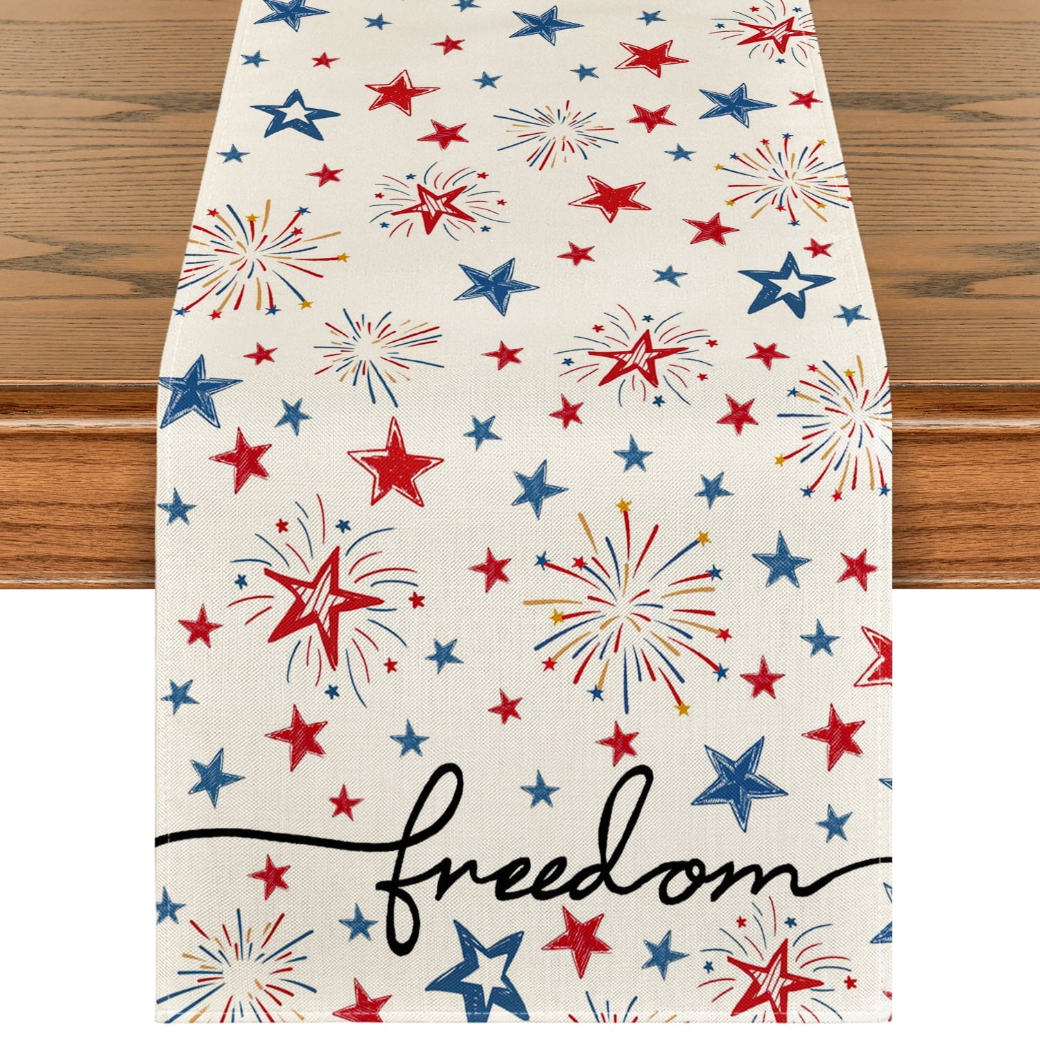 Sm:)e Freedom American Blue and Red Star Patriotic Fourth of July Table Runner 13 x 72 Inch Off White