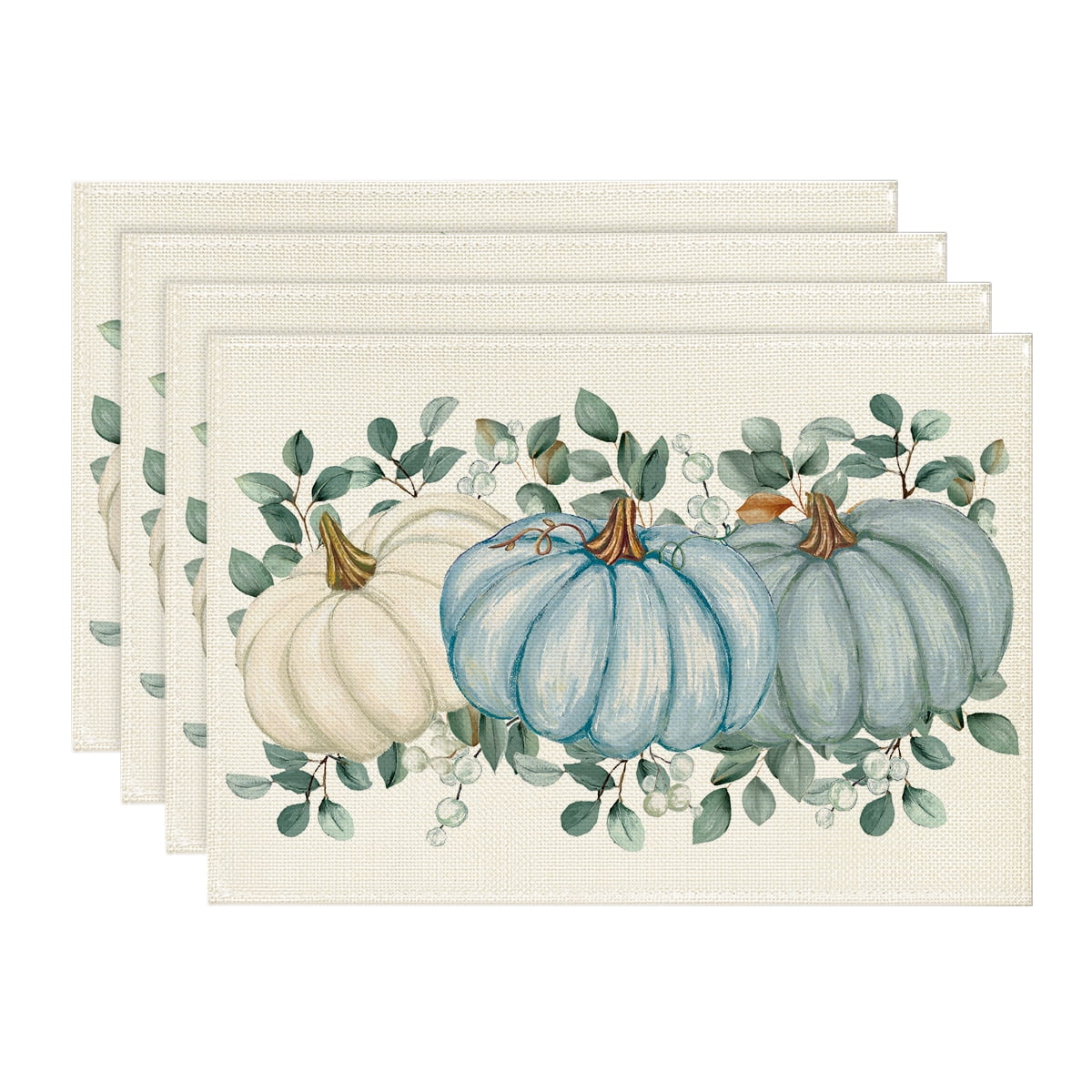 Smile Pumpkins Eucalyptus Leaves Fall Placemats Set of 4, 12x18 Inch Autumn Thanksgiving Holiday Table Mats for Party Kitchen Dining Decoration