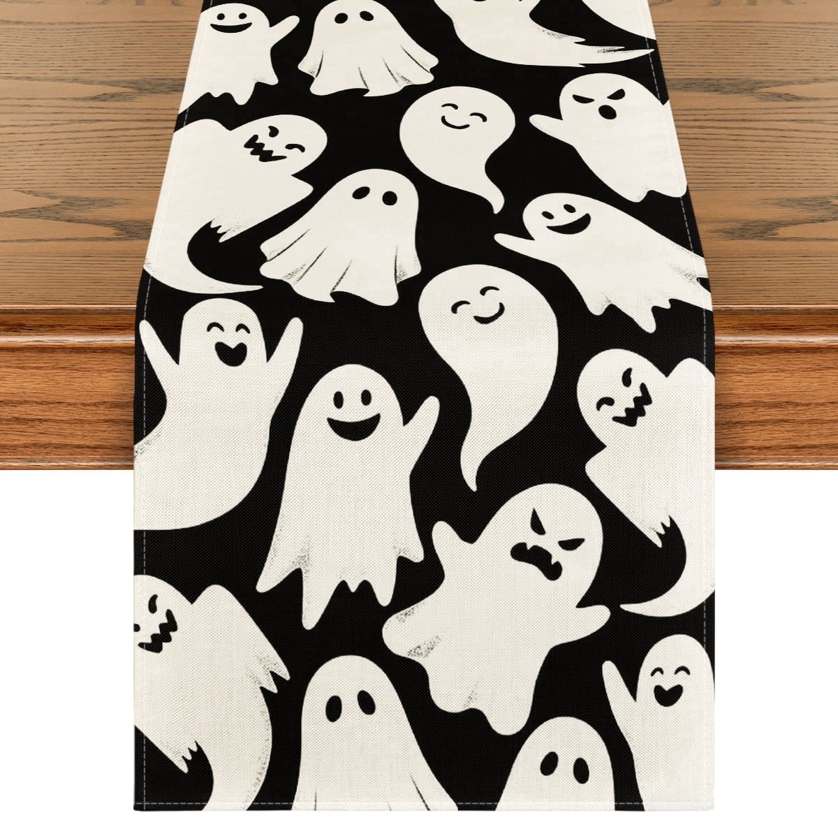 Sm:)e White Ghost Halloween Table Runner, Seasonal Fall Kitchen Dining Table Decoration for Home Party Decor 13x72 Inch, Black