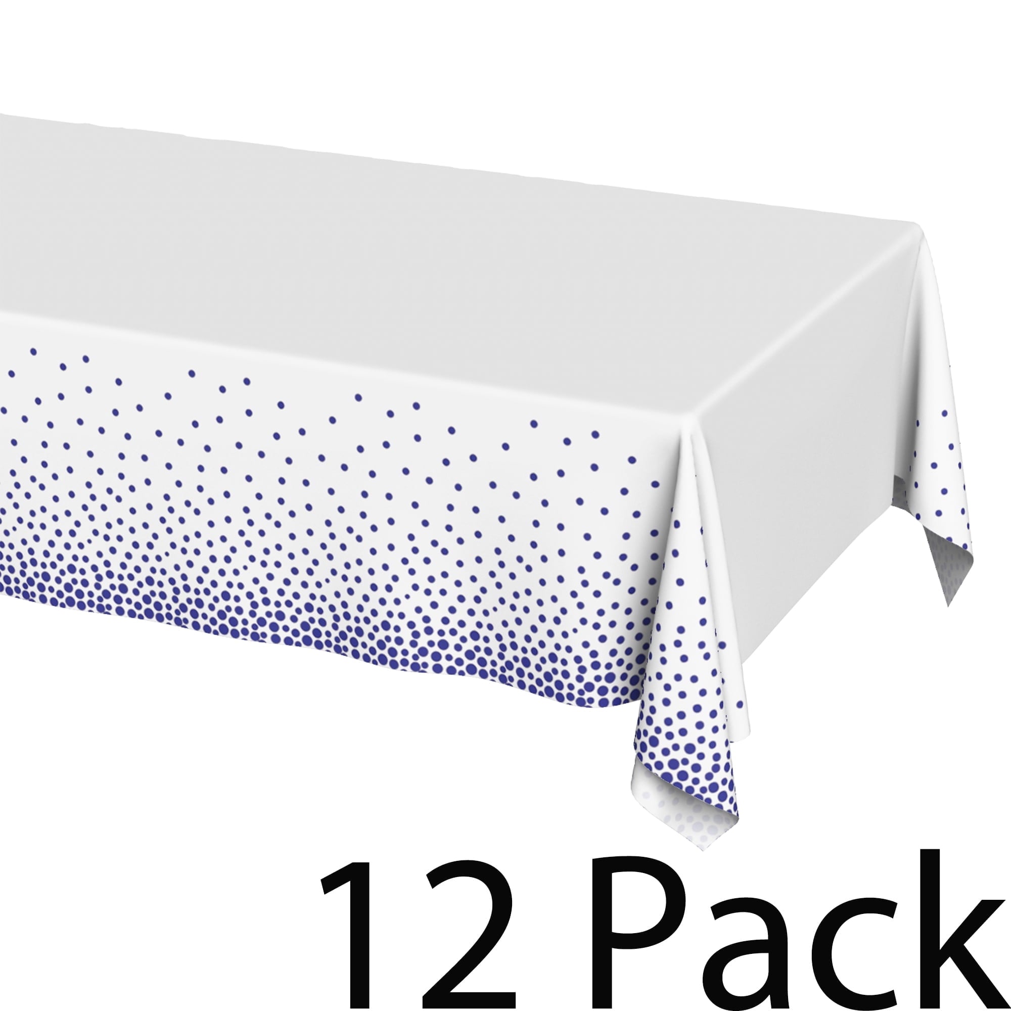 Plastic Table Cloth Disposable 12 Pack, 54 x 108 Inch, White, Blue Dot, for Party Picnic Wedding