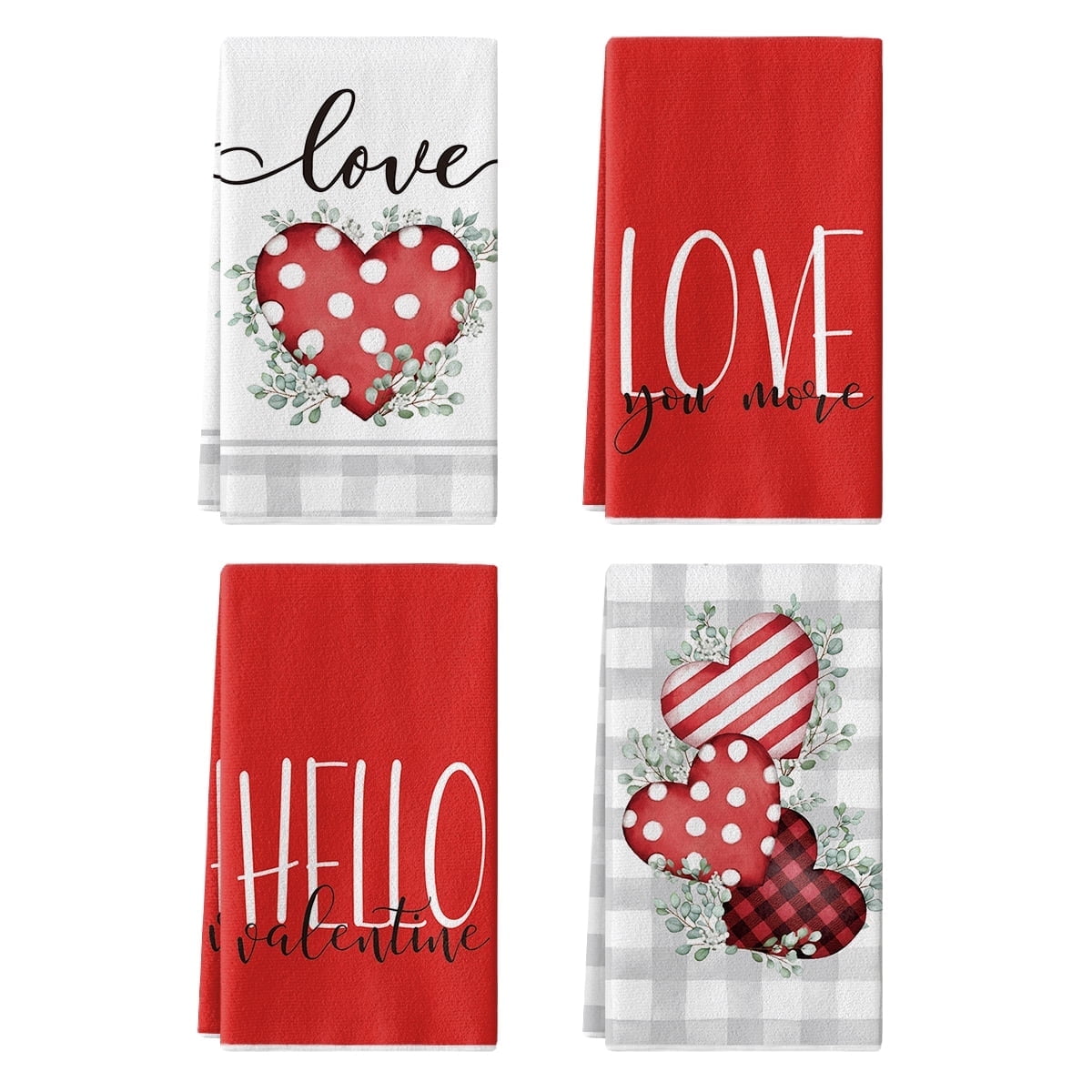 Sm:)e Valentine's Day Kitchen Dish Towels, 18x26 Inch, Set of 4, Hello Love Eucalyptus Hearts