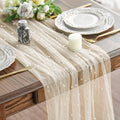 Sm:)e 3PCS Pearl Beige Gauze Table Runner 120 Inch 10FT, Table Decor for Wedding Anniversary Birthday Outdoor Home Party Table