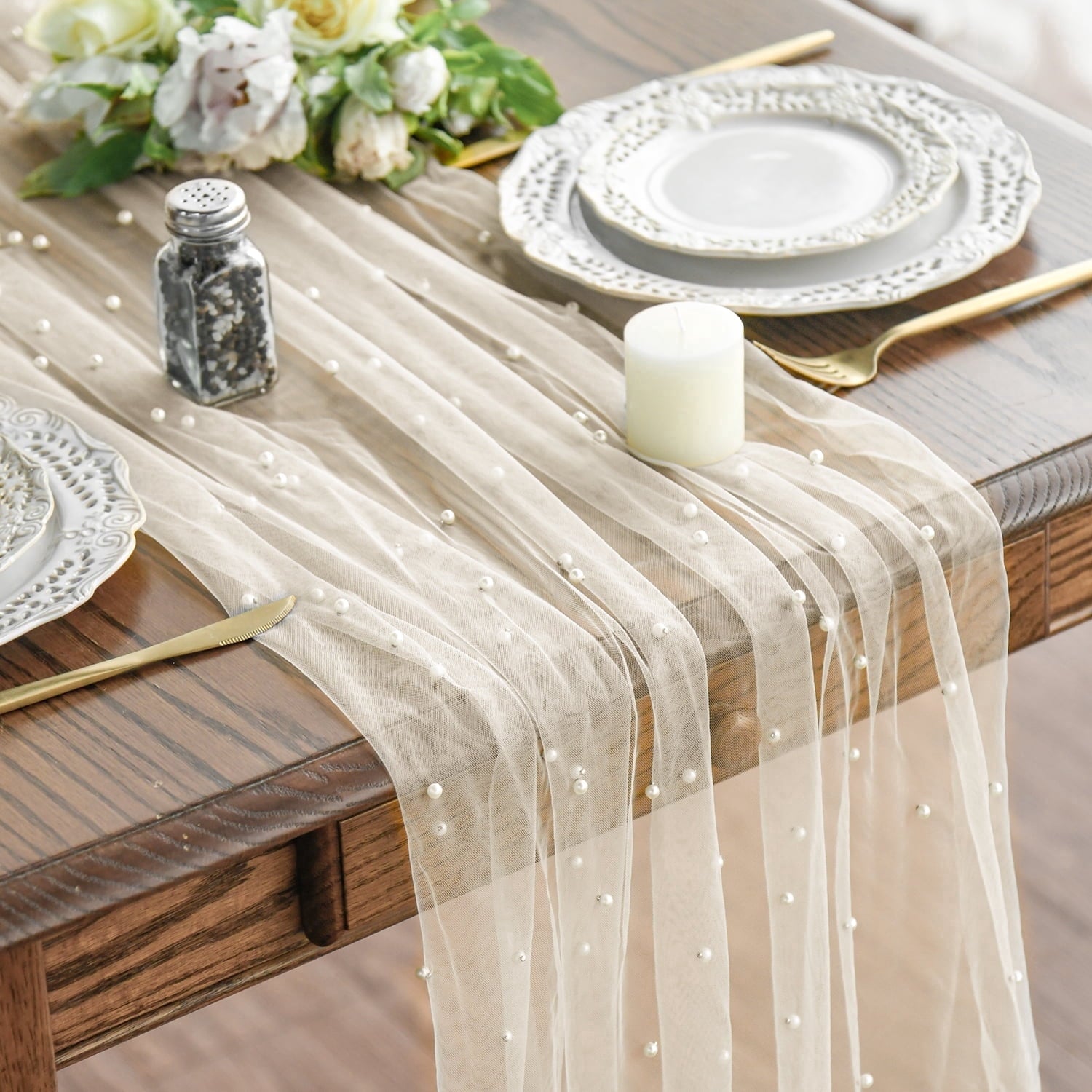 Sm:)e 3PCS Pearl Beige Gauze Table Runner 120 Inch 10FT, Table Decor for Wedding Anniversary Birthday Outdoor Home Party Table