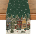 Sm:)e Dark Green Winter Snow Village & Colorful House Christmas Table Runner 13 x 72 Inch Farmhouse Table Decor, Universal for Indoor Outdoor Kitchen, Home & Party Decoration