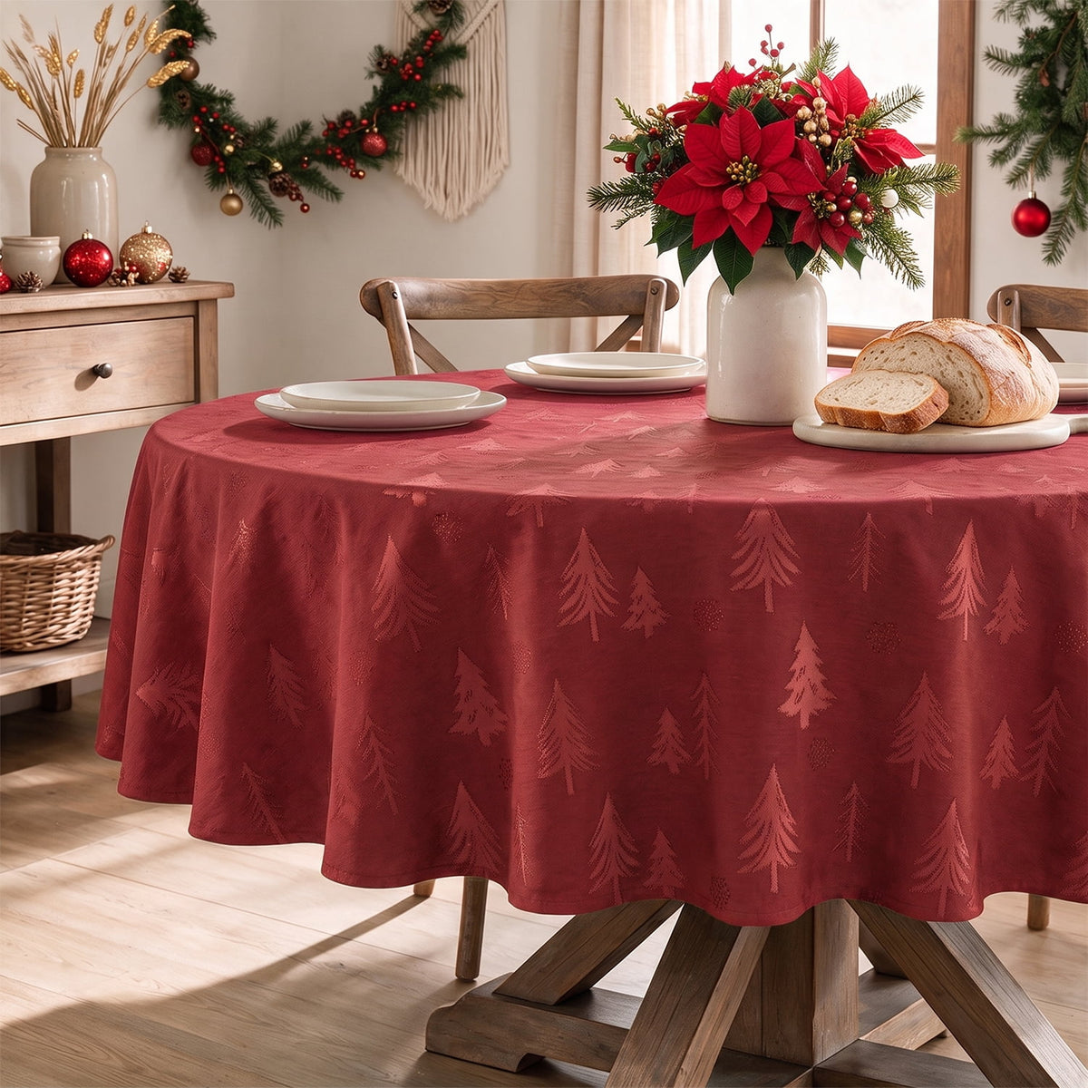 Sm:)e Pine Tree Snowflake Yarn Dyed Jacquard Woven Christmas Tablecloth 60 Inch Round, Red