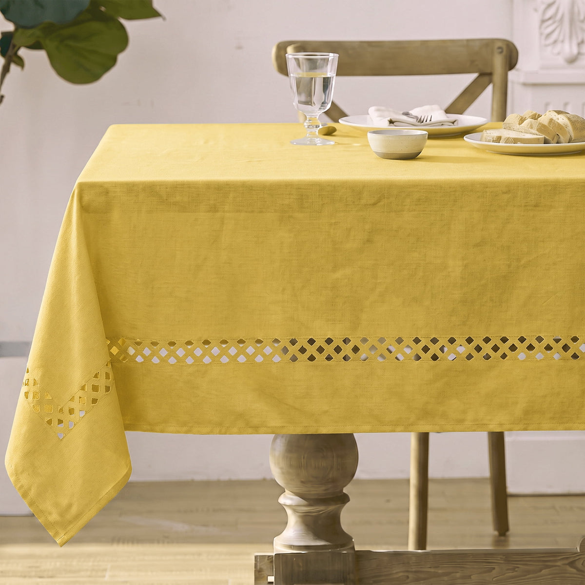 Sm:)e Fabric Openwork Farmhouse Style Linen Tablecloth 60 x 84 Inch Rectangle, with Decorative Cutouts, Yellow