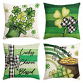 Sm:)e Happy ST Patricks Day Lucky Charm Blessed Clover Stripes Throw Pillow Covers, 18 x 18 Inch Buffalo Plaid Bow Shamrocks Decoration for Sofa Couch Set of 4