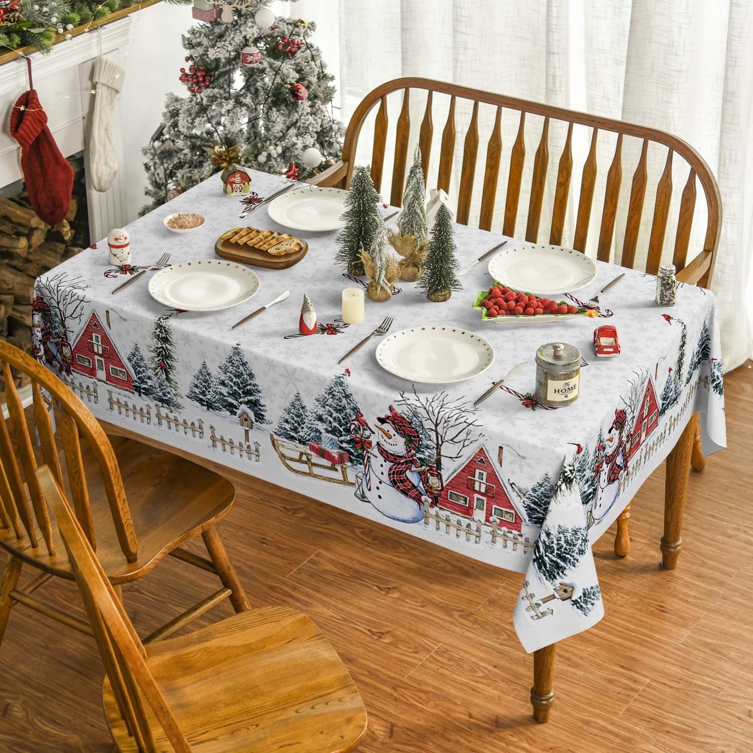 Sm:)e Snowman Christmas Trees Winter Tablecloth 60x120 Inch, White