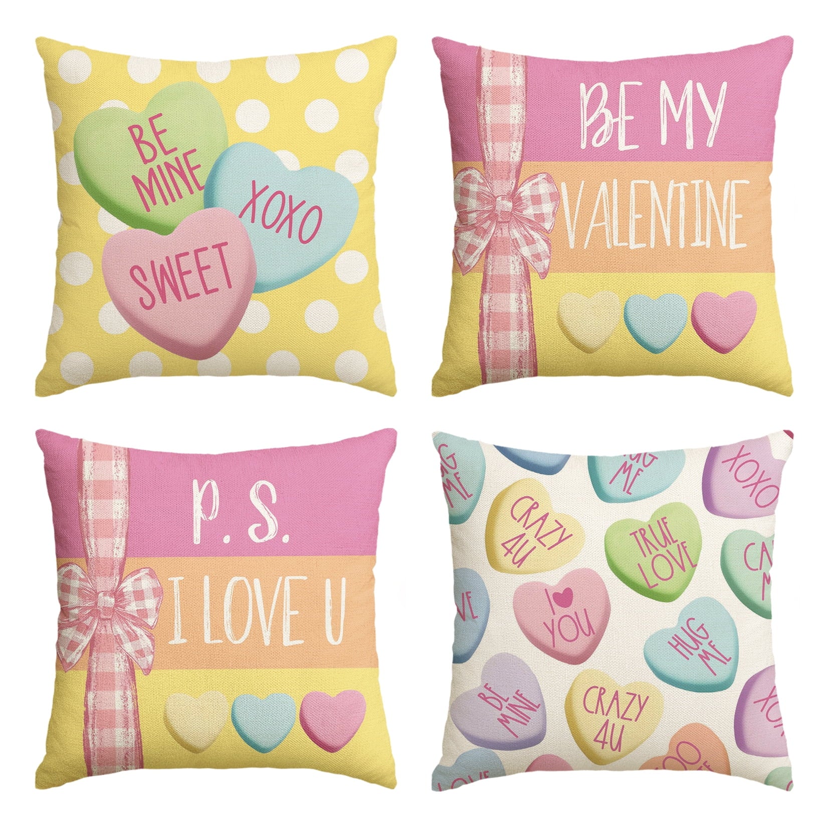Sm:)e Be Mine Candy Heart Valentine Throw Pillow Covers Set of 4, 18 x 18 Inch Cushion Case Decoration for Sofa Couch