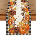 Smile Buffalo Check Plaid Fall Table Runner 13 x 90, Harvest Thanksgiving Pumpkins Mushrooms Birdhouse Maple Leaves