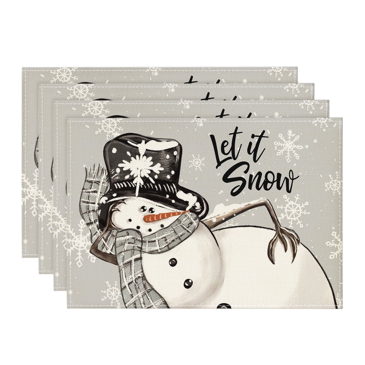 Smile Grey Snowman Snowflake Let it Snow Christmas Table Placemats 12x18 Inch Set of 4