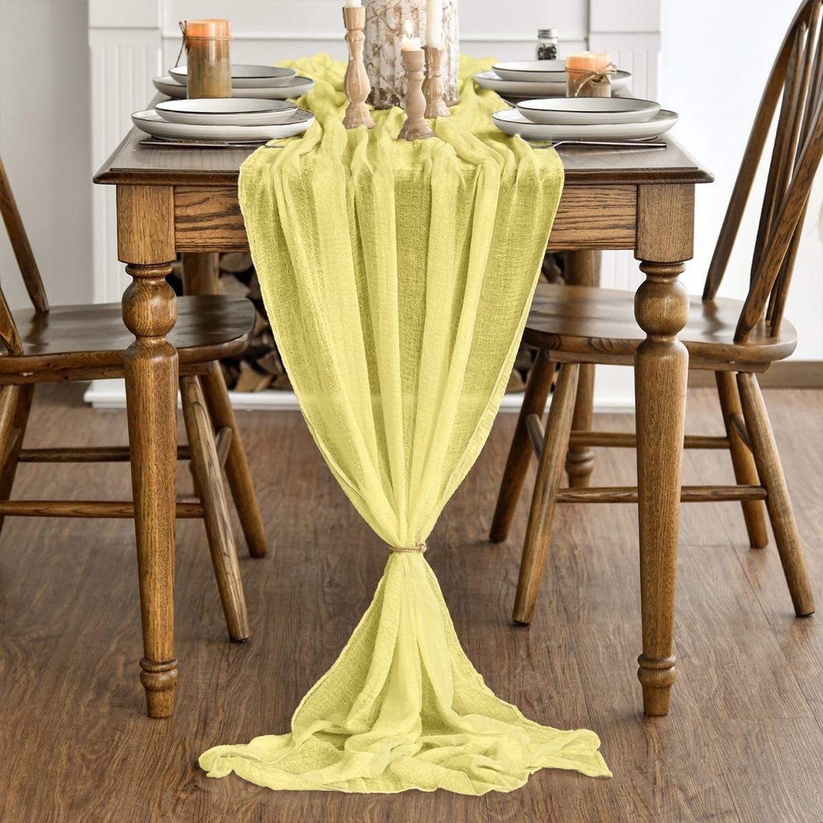 Sm:)e Light Yellow Cheesecloth Table Runner 31 x 118 Inch Rustic Gauze Boho Chair Sashes for Bridal Shower Wedding Party Catering Home Decoration Supplies