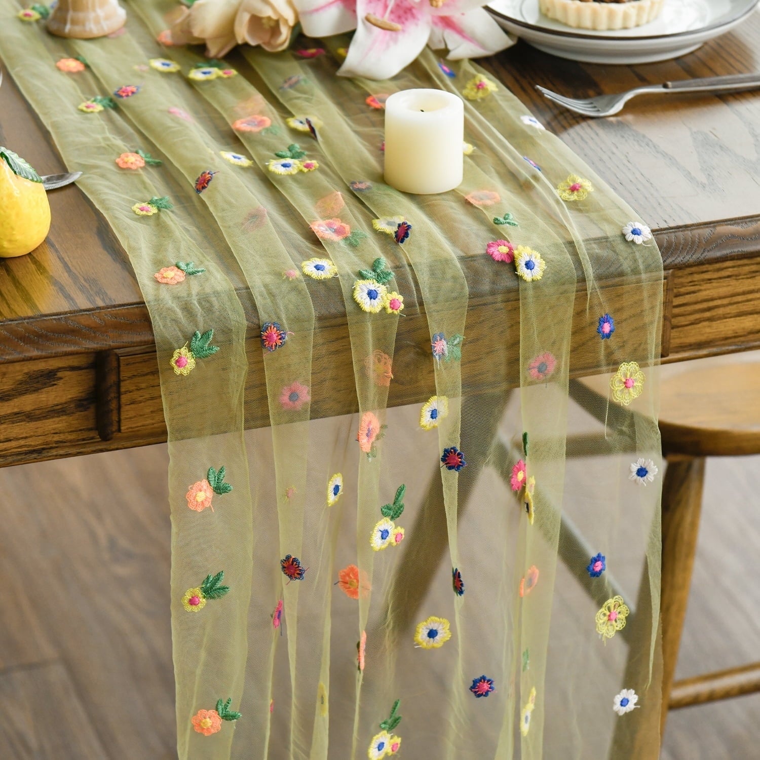 Sm:)e Green Embroidered Daisy Gauze Table Runner 120 Inches (10 Feet), Seasonal Sheer Decor for Kitchen & Dining Spaces, Ideal for Holidays, Weddings, Birthdays & Home Parties