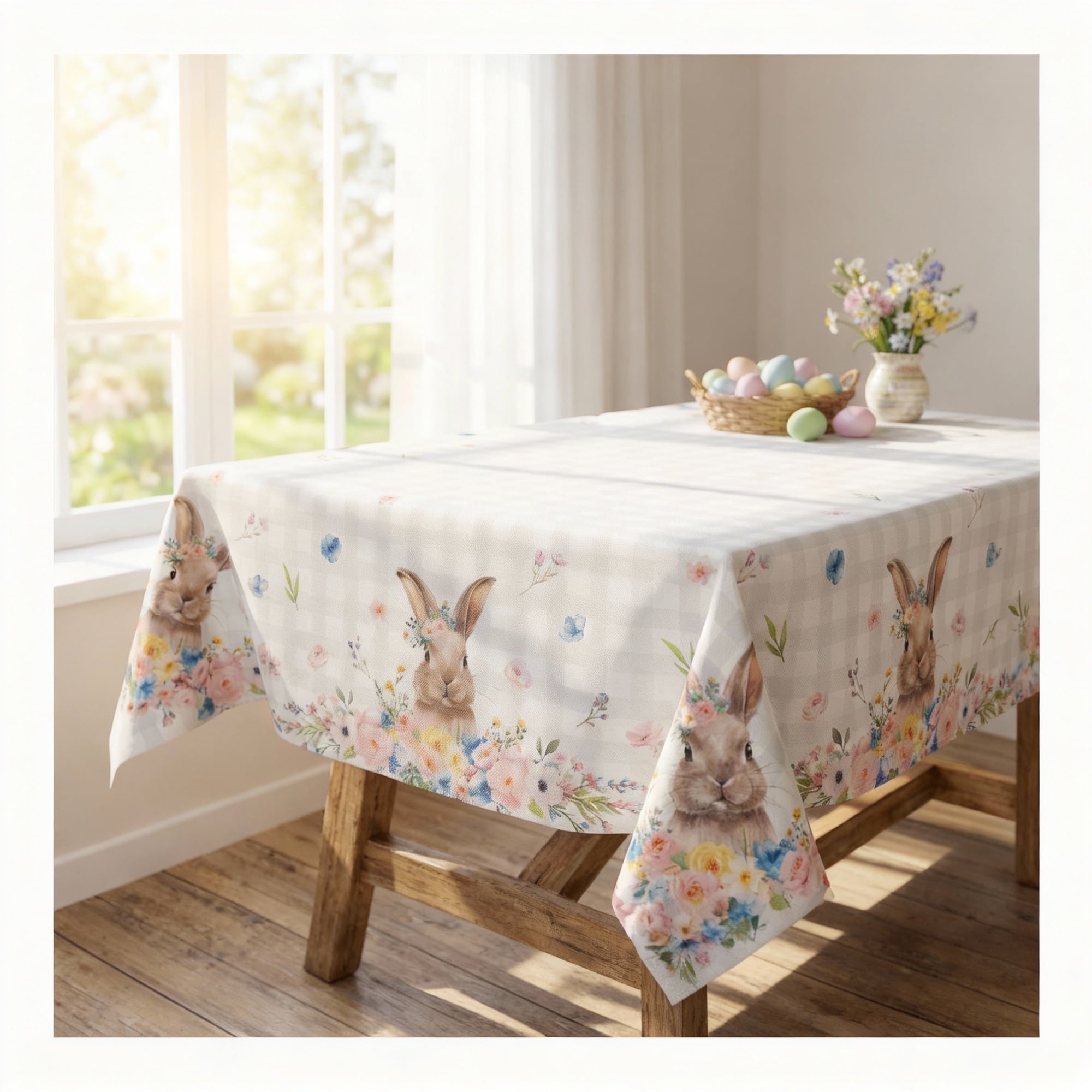 Sm:)e Watercolor Floral Bunny Easter Tablecloth, 60 X 120 Inch Seasonal Rectangle Washable Table Linen Holiday Table Cover for Indoor Outdoor Party Home Dinner Decor