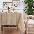 Sm:)e Fabric Openwork Farmhouse Style Linen Tablecloth Round 60 Inch, Yarn-Dyed Woven Table Cover for Dining Decor, Khaki