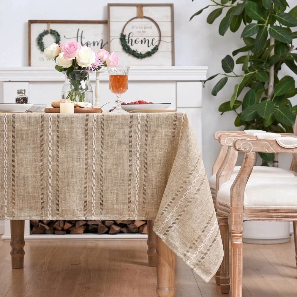 Sm:)e Fabric Openwork Farmhouse Style Linen Tablecloth Round 60 Inch, Yarn-Dyed Woven Table Cover for Dining Decor, Khaki