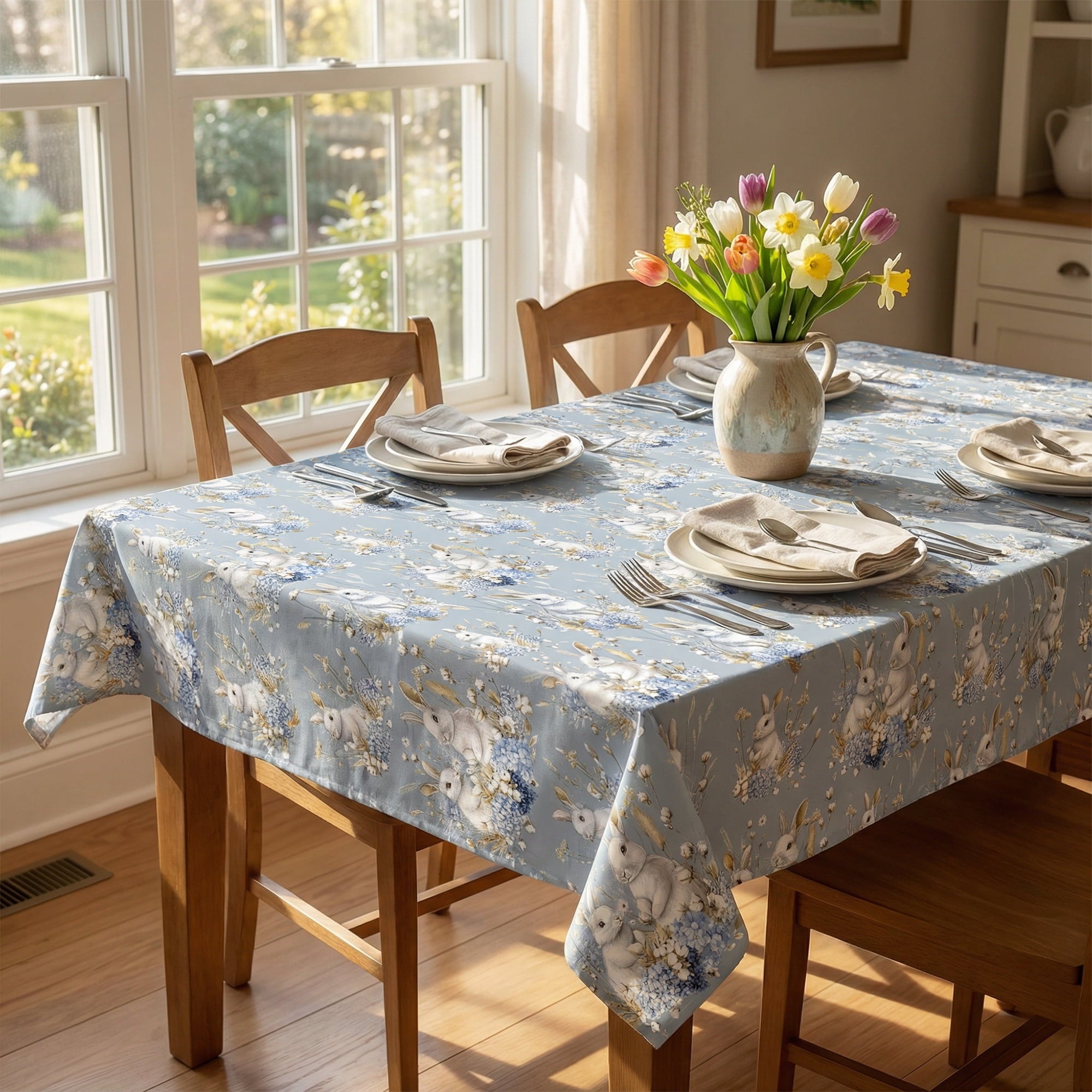 Sm:)e Hydrangea Bunny Easter Tablecloth - 60x84 Inch Polyester, Machine Washable & Reusable Table Cover for Indoor & Outdoor Use