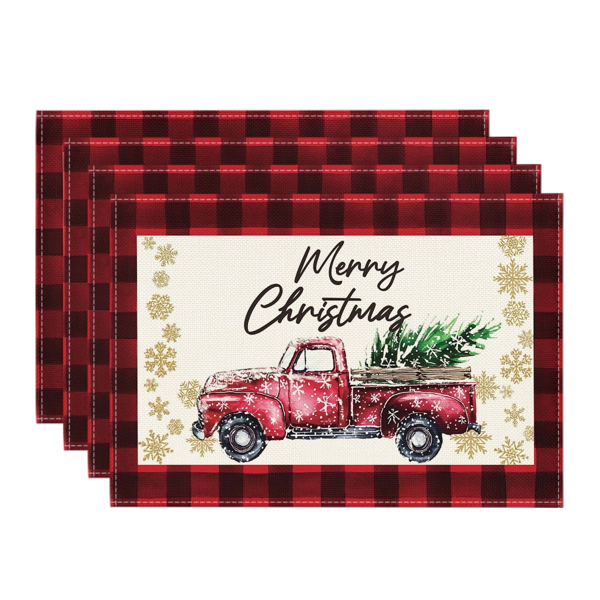 Smile Red and Black Buffalo Plaid Truck Merry Christmas Placemats Set of 4, 12x18 Inch Seasonal Winter Xmas Holiday Table Mats for Party Kitchen Dining Decoration