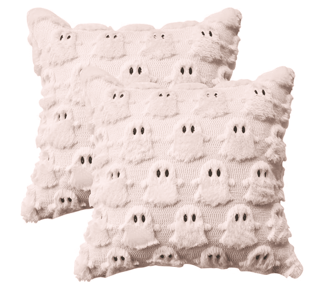 Sm:)e Halloween Ghost Pink Throw Pillow Cover Set of 2, 18 x 18 Inch Soft Plush Faux Fur Jacquard Spooky Cushion Case Decoration for Sofa Couch