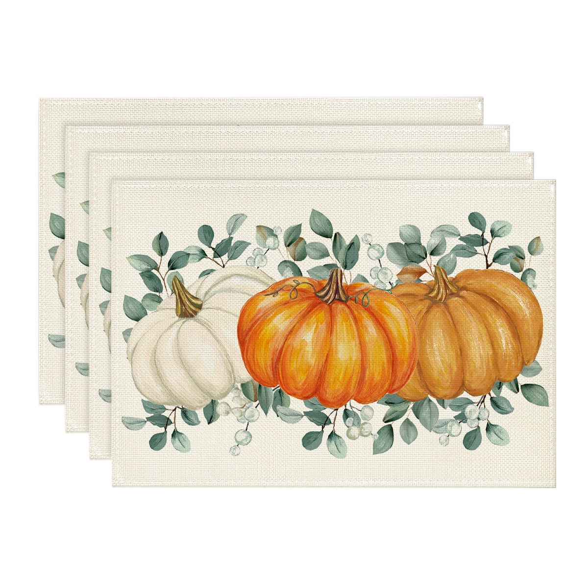 Smile Orange Pumpkins Eucalyptus Leaves Fall Placemats Set of 4, 12x18 Inch Autumn Thanksgiving Holiday Table Mats for Party Kitchen Dining Decor
