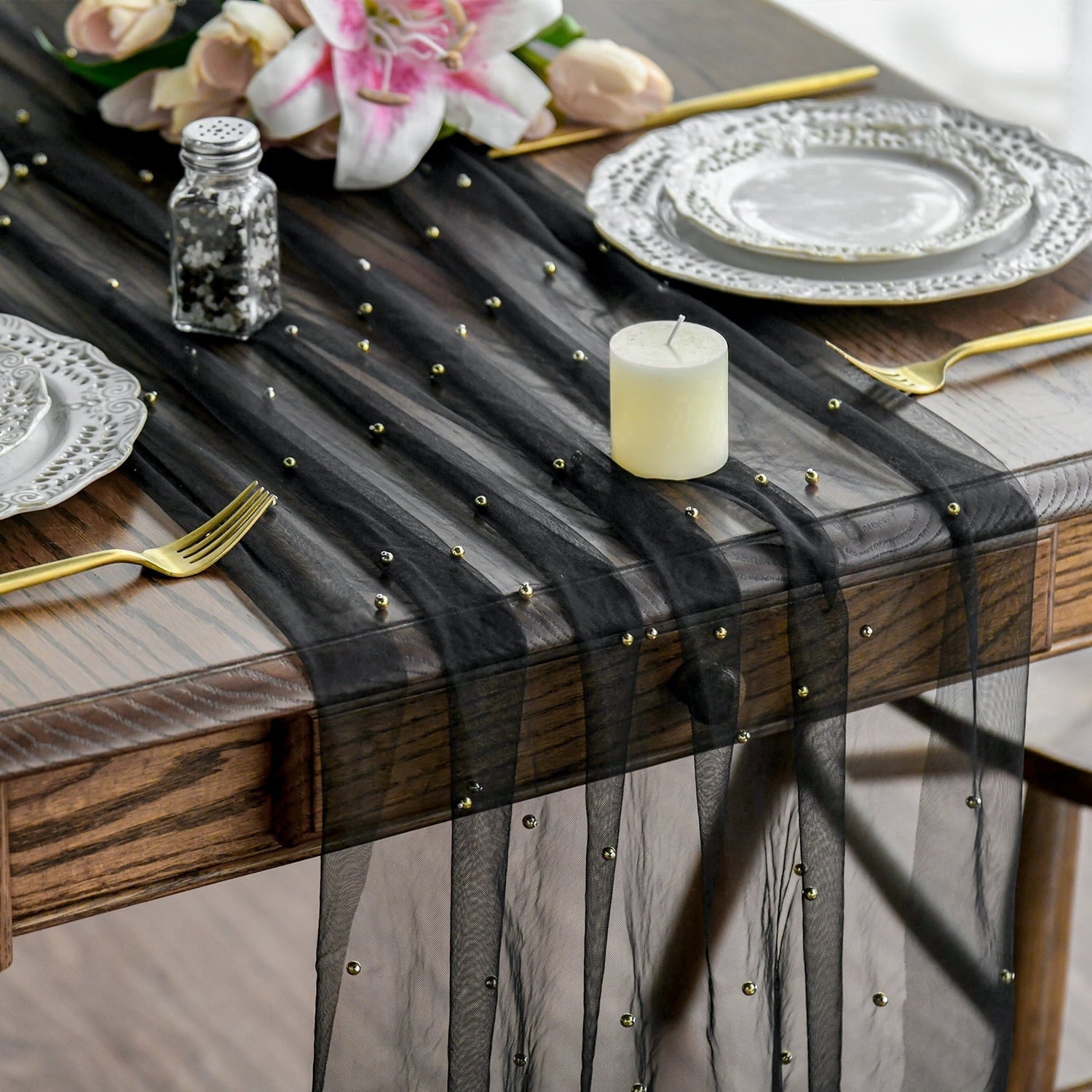 Sm:)e 3PCS Pearl Black Gauze Table Runner 120 Inch 10FT, Table Decor for Wedding Anniversary Birthday Outdoor Home Party Table