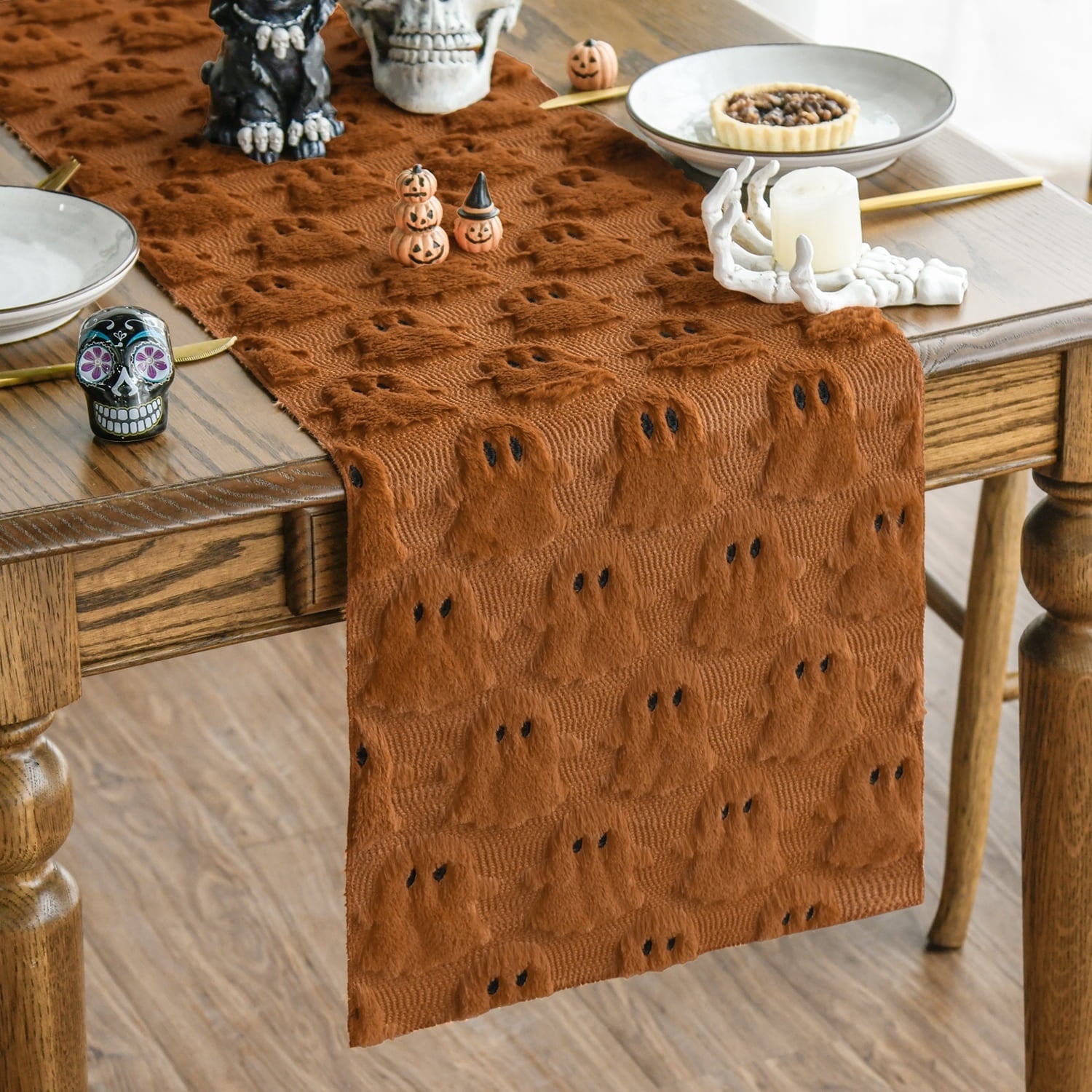 Sm:)e Caramel Ghost Halloween Table Runner 13x72 Inch, Soft Plush Faux Fur Mantel Kitchen Dining Table Decor, Halloween Home Party Decor