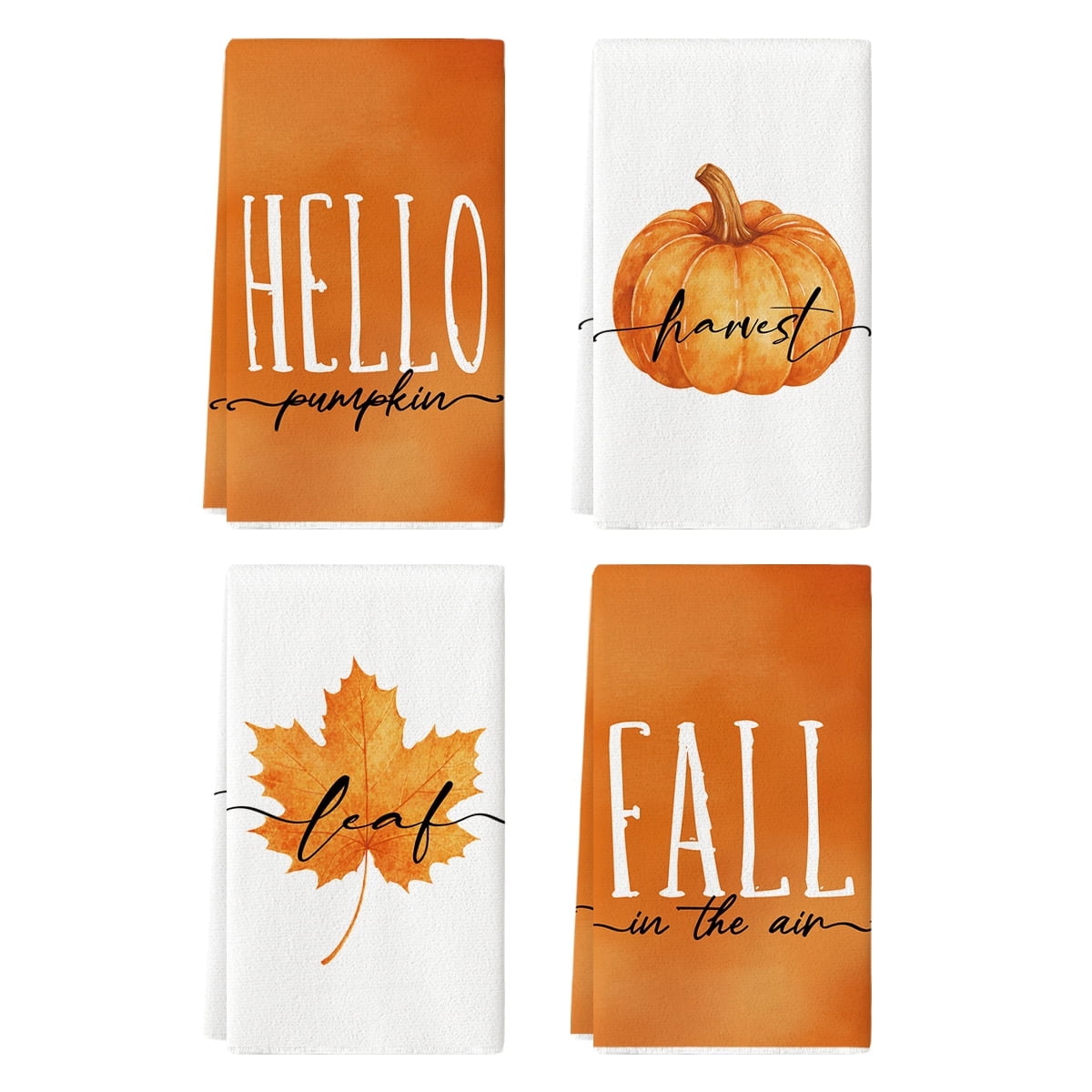 Sm:)e Happy Harvest Hello Fall Thanksgiving Pumpkin Maple Leaf Autumn Kitchen Dish Towels Set of 4, 18 x 26 Inch, Orange