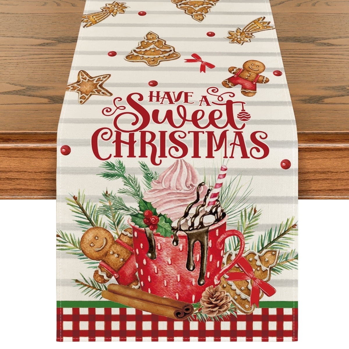 Sm:)e Ice Cream Gingerbread Sweet Christmas Table Runner, Seasonal Winter Kitchen Dining Table Decoration for Home Party Indoor 13x60 Inch