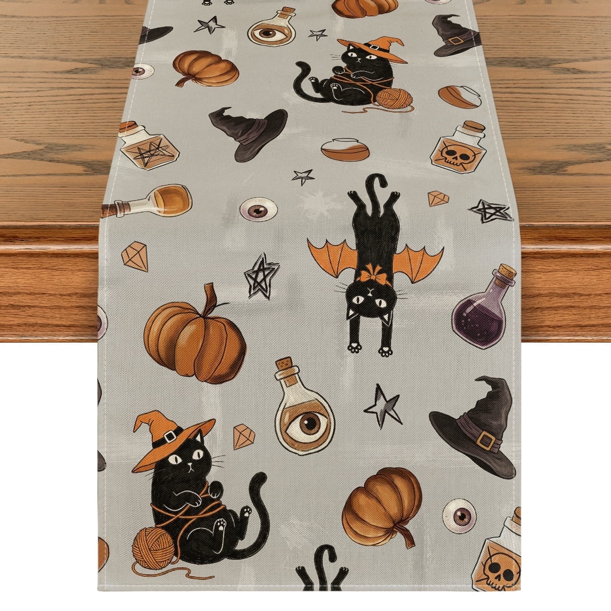 Sm:)e Black Cat Yarn Ball Witch Hat Potion Pumpkin Halloween Table Runner, Seasonal Fall Kitchen Dining Table Decoration for Home Party Decor 13x72 Inch