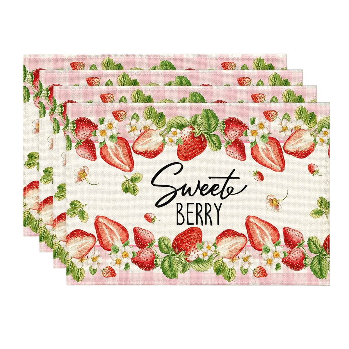 Sm:)e Strawberry Summer Placemats Set of 4 Buffalo Plaid Check Spring Summer Fruit Birthday Baby Shower Party Kitchen Dining Home Decoration,12 x 18 Inch