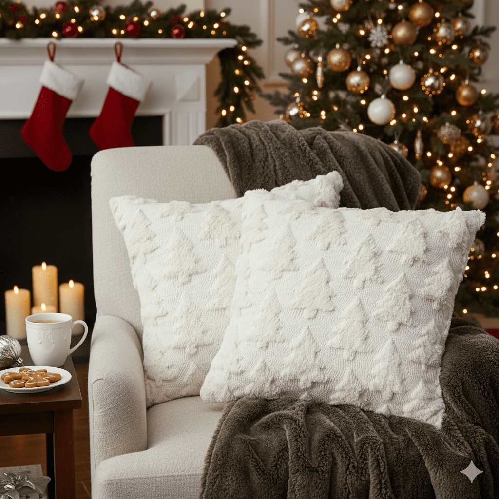 Sm:)e Beige Christmas Tree Soft Plush Faux Fur Pillow Covers 18x18 Inch Set of 2 Outdoor Sofa Holiday Festivals Winter Home Decor