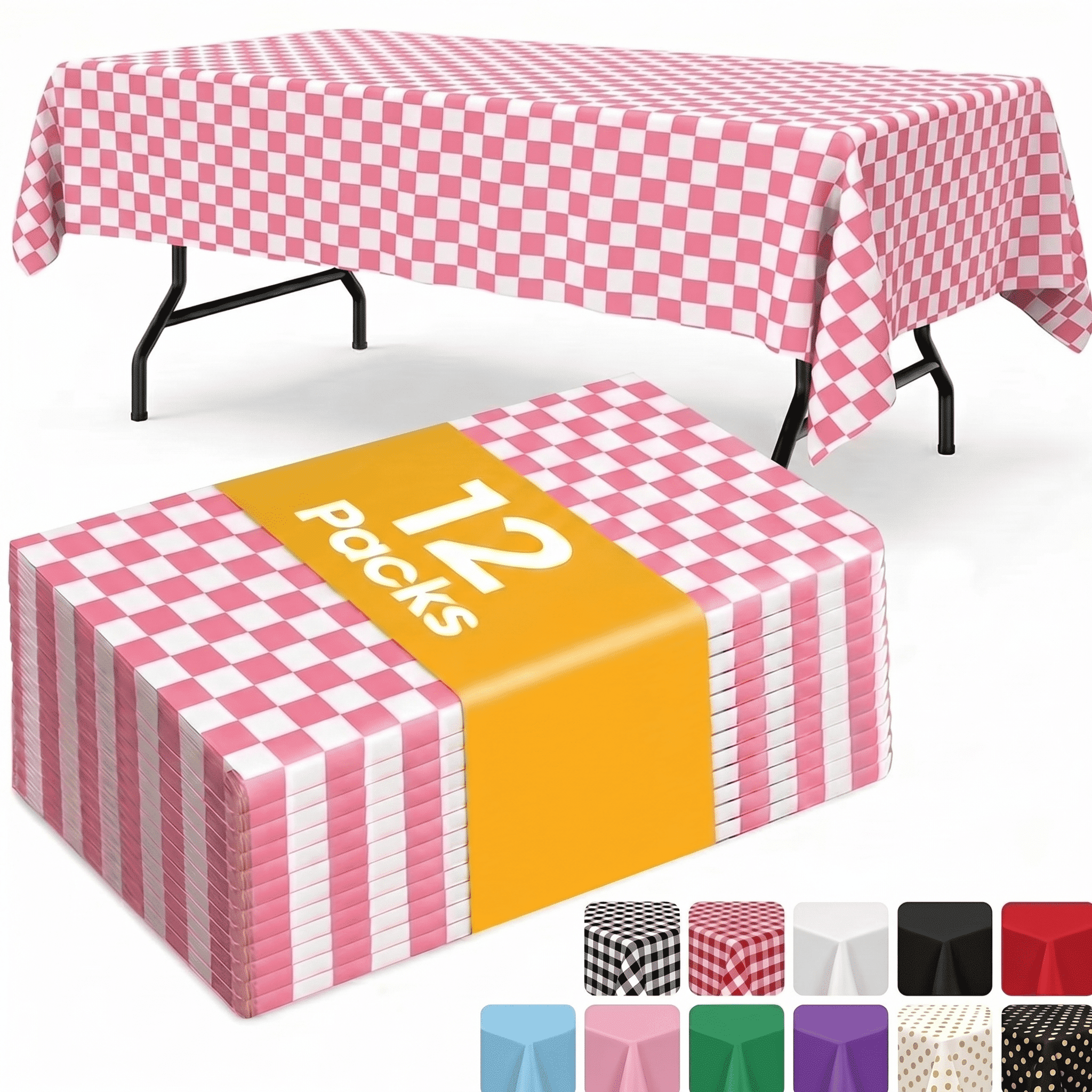 Sm:)e Plastic Table Cloth Disposable 12 Pack, 54 x 108 Inch, Pink White Checked, for Party Picnic Wedding
