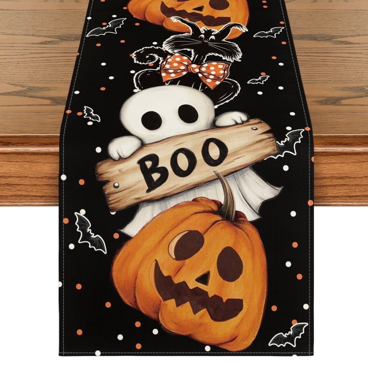 Smile Jack O Lantern Black Cat Boo Ghost Halloween Table Runner 13 x 60 Inch